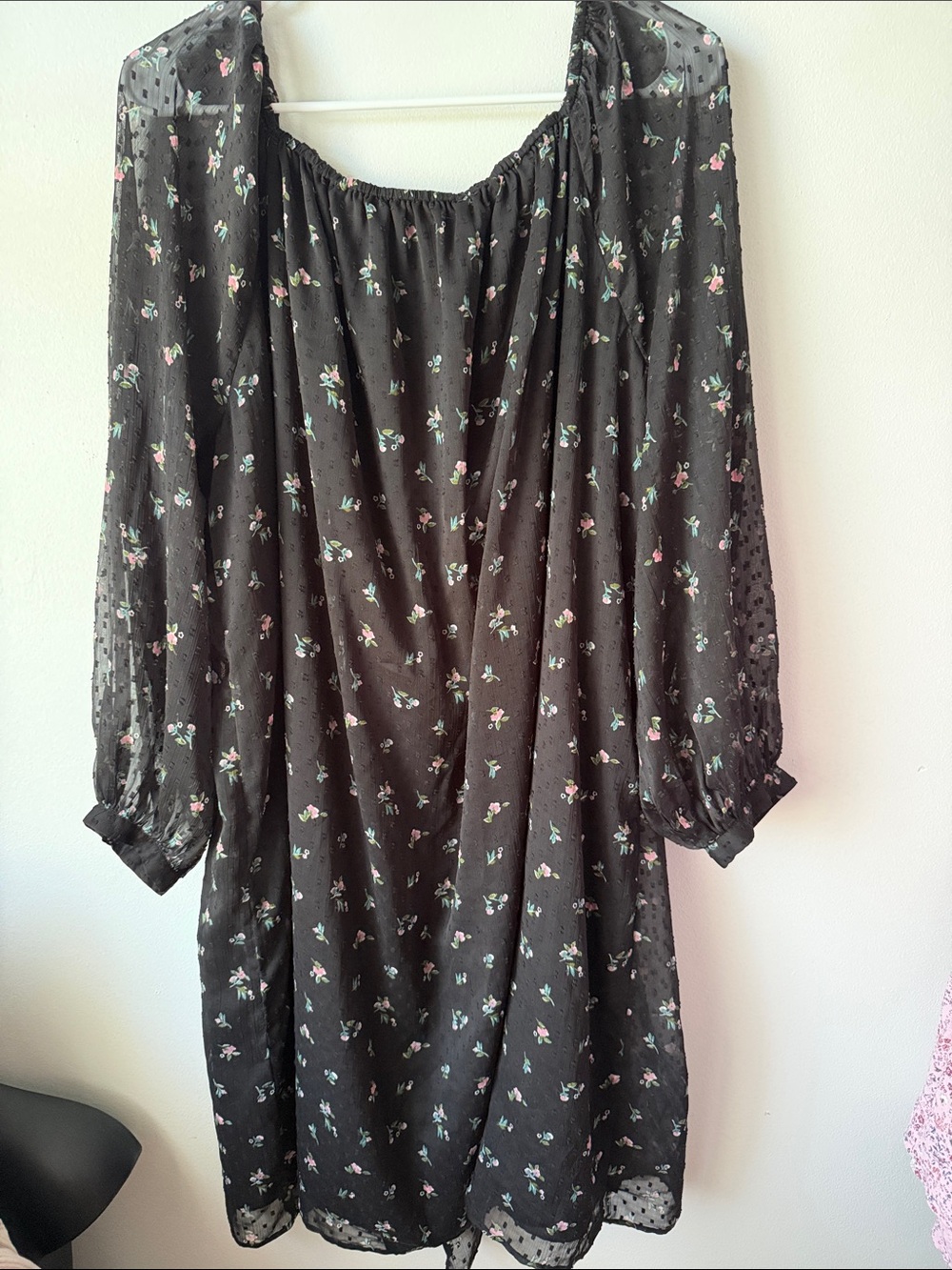 LOFT Black Floral Long-Sleeve Peasant Dress